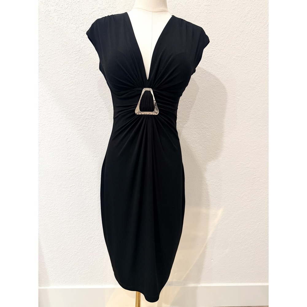 Vintage Cache Y2K Black Ruched Dress 6 Silver Buckle Cocktail Glam Clubwear